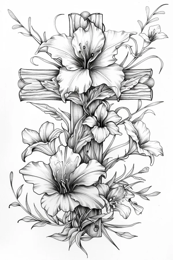 Wooden cross wrapped in lilies and vines, realistic line art style — free printable religious culture coloring book page