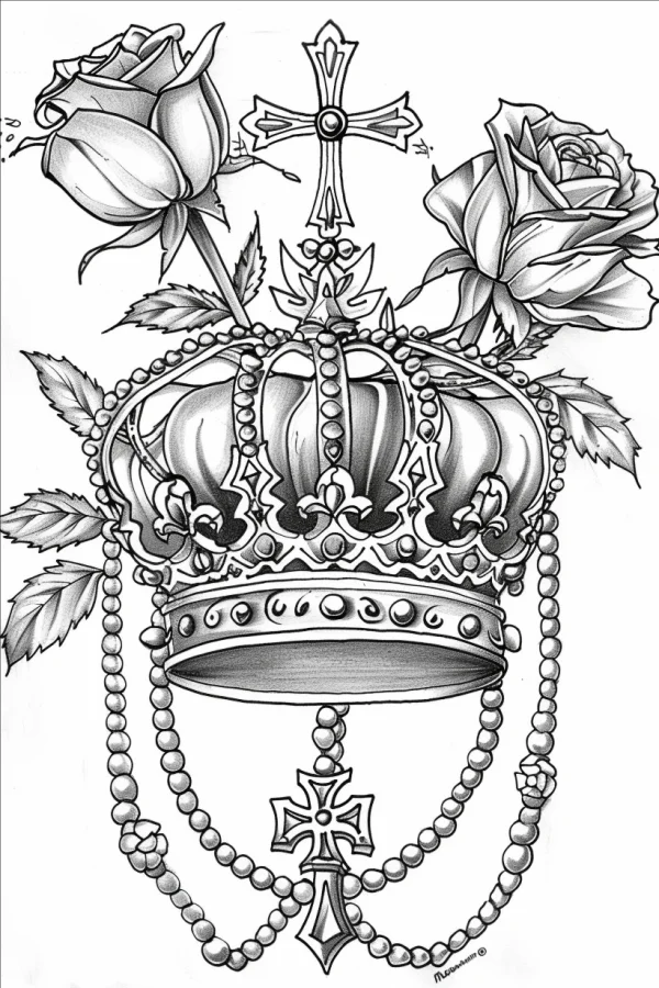 Baroque crown paired with roses and crosses, vintage decorative style — free printable baroque coloring book page