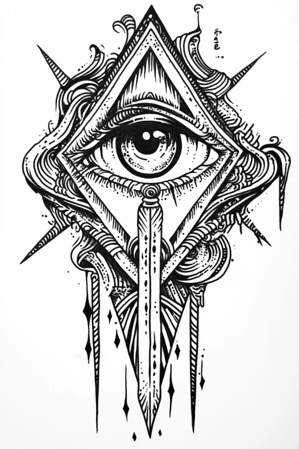 Mystical all-seeing eye in geometric triangular frame, intricate abstract fantasy style — free printable mystery coloring book page