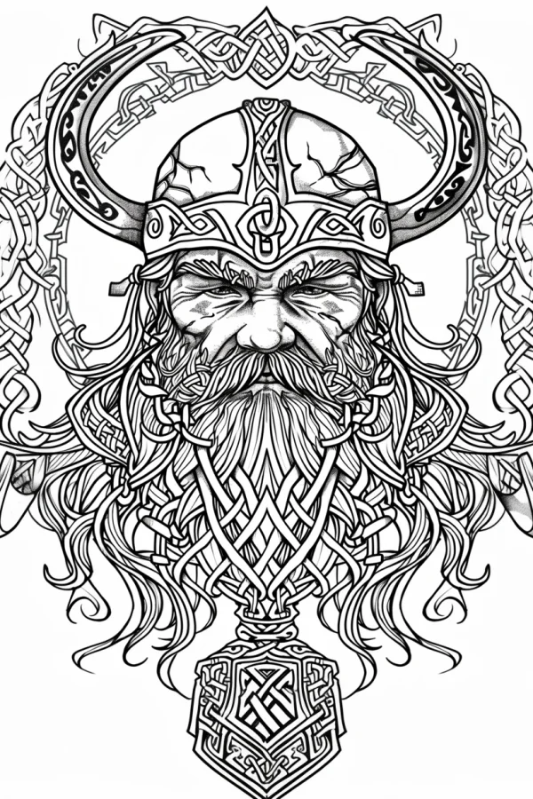 Viking elder with horned helmet and long beard, celtic knot patterns — free printable nordic culture coloring book page