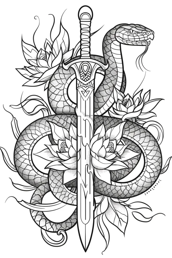 Snake coiled around a sword with lotus flowers, totem tattoo style — free printable totem coloring book page