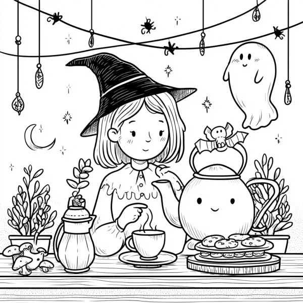 Cute witch having halloween afternoon tea, cartoon fairy tale style — free printable afternoon tea coloring book page