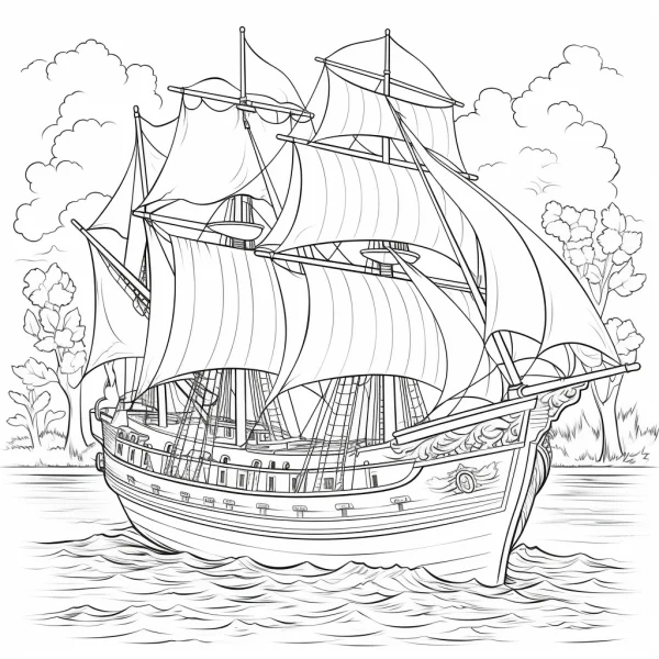 Vintage sailing ship on the sea, realistic style — free printable boats coloring book page