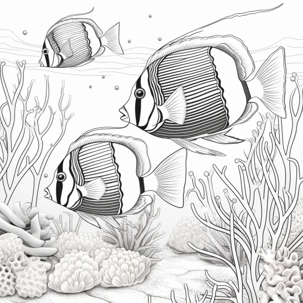 Tropical fish with coral reefs, realistic line art style — free printable underwater world coloring book page