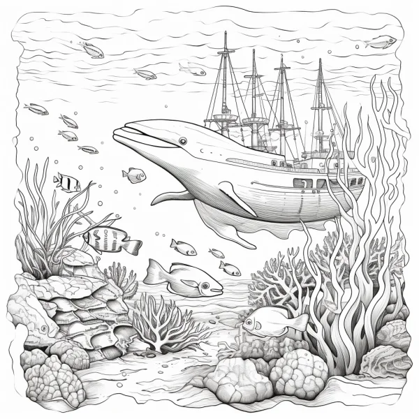 Dolphin with ancient sunken ship in underwater world, realistic line art style — free printable underwater world coloring book page