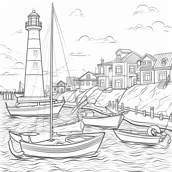 Lighthouse and sailboats in coastal fishing village, realistic line art style — free printable fishing village life coloring book page