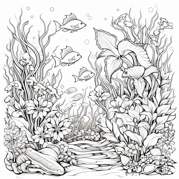 Underwater scene with school of fish and aquatic plants, realistic line art style — free printable fish coloring book page