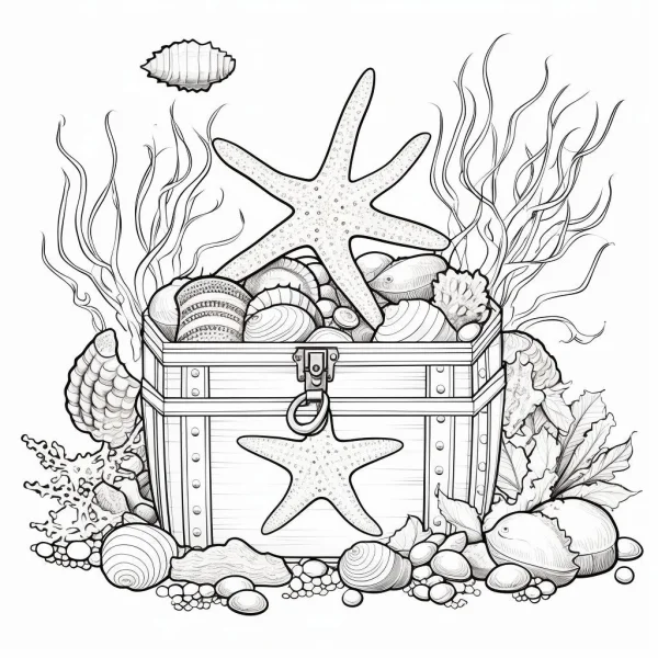 Treasure chest filled with seashells and starfish, under the sea scene with seaweed — free printable treasure coloring book page