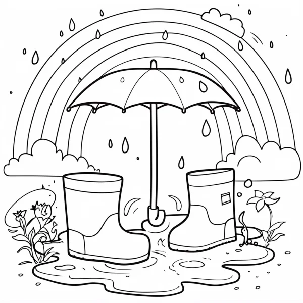 Rain boots and umbrella in puddle with rainbow and rain drops, cartoon style — free printable rainy season coloring book page