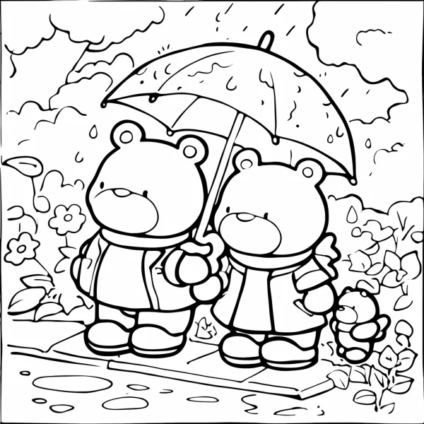 Two cute cartoon bears holding an umbrella with a small hedgehog, cartoon style — free printable rainy days coloring book page