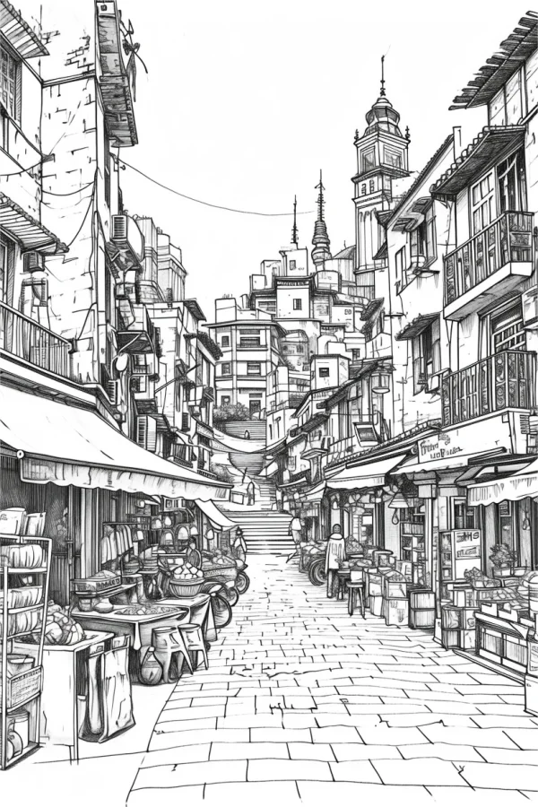 Market street in a hilly town, realistic illustration style — free printable urban landscape coloring book page