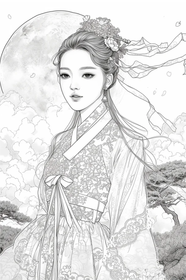 Korean traditional hanbok girl, korean style — free printable korean style coloring book page