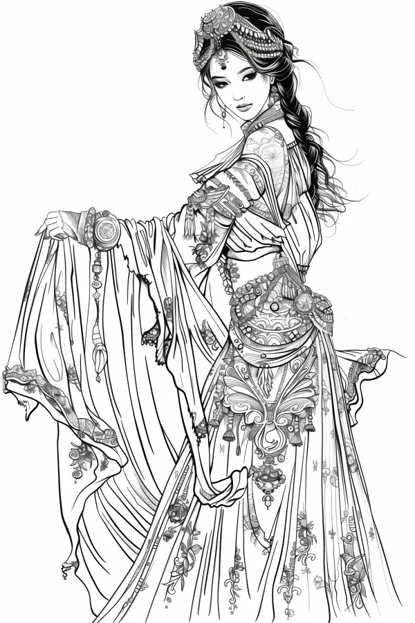Coloring book page, elegant ancient chinese woman in ornate traditional clothing — free printable classical coloring book page