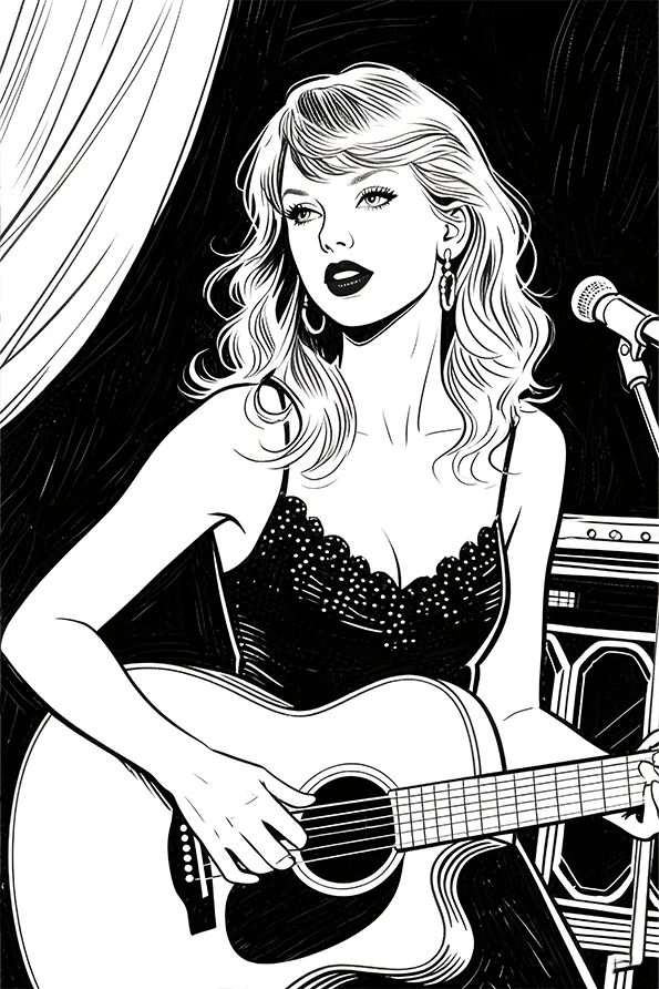 Female singer playing acoustic guitar on stage, realistic cartoon line art — free printable stage performance coloring book page