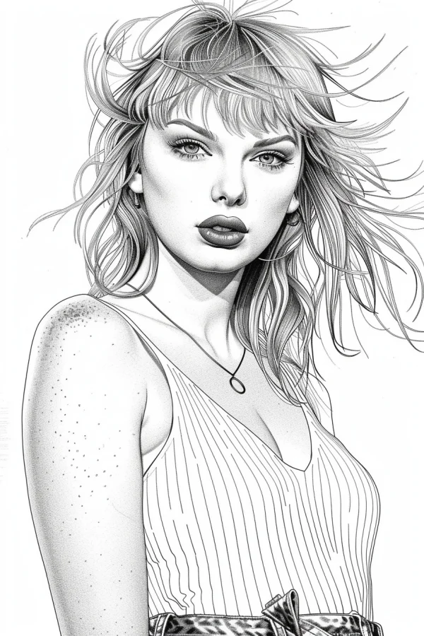 Portrait of blonde woman with floating hair, realistic illustration style — free printable portrait coloring book page