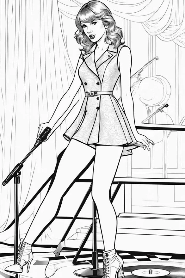 Coloring book page, female singer on stage — free printable stage performance coloring book page