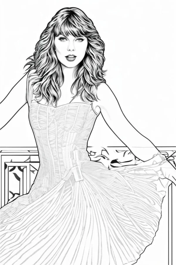 Portrait of curly-haired woman in corset dress with waist bow, realistic illustration style — free printable portrait coloring book page