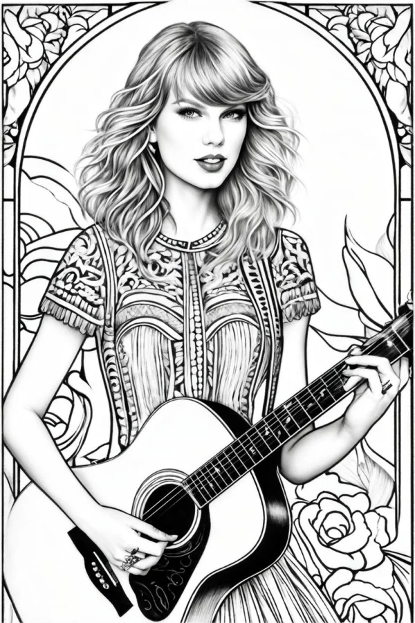 Taylor swift holding an acoustic guitar, realistic illustration style — free printable stars coloring book page