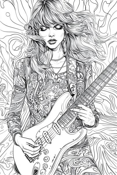 Bohemian style woman holding electric guitar, intricate bohemian patterns on outfit and swirling background — free printable bohemian coloring book page