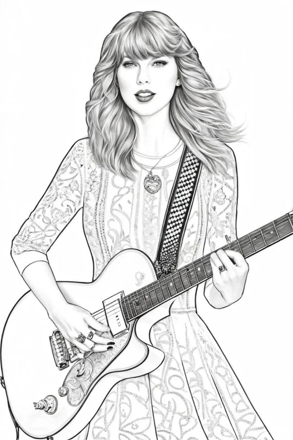 Blonde female singer holding electric guitar, realistic line art style — free printable stars coloring book page