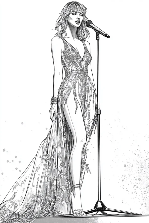 Coloring book page, elegant female singer in a detailed lace gown on stage with a microphone stand — free printable stage performance coloring book page