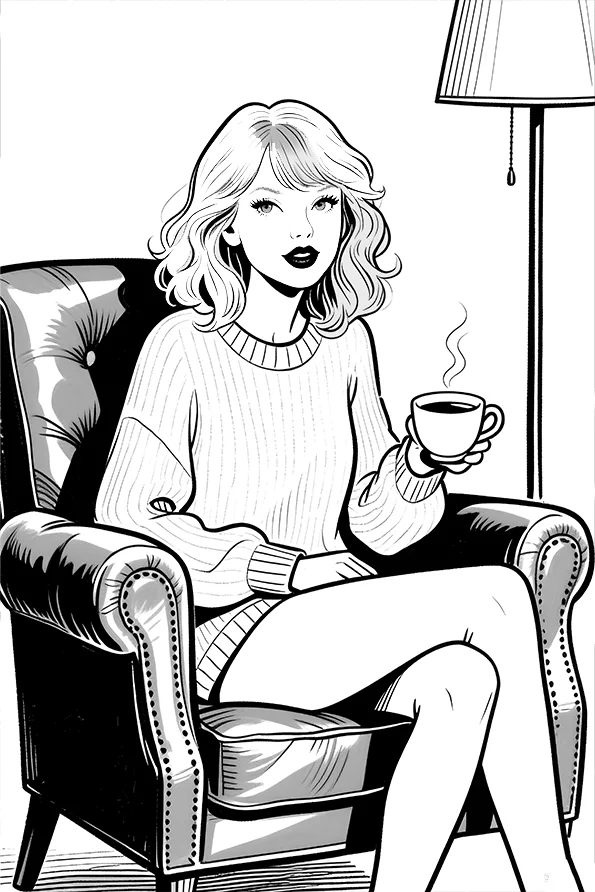 Casual woman with curly hair sitting in leather armchair holding a steaming coffee cup, illustration style — free printable female figures coloring book page
