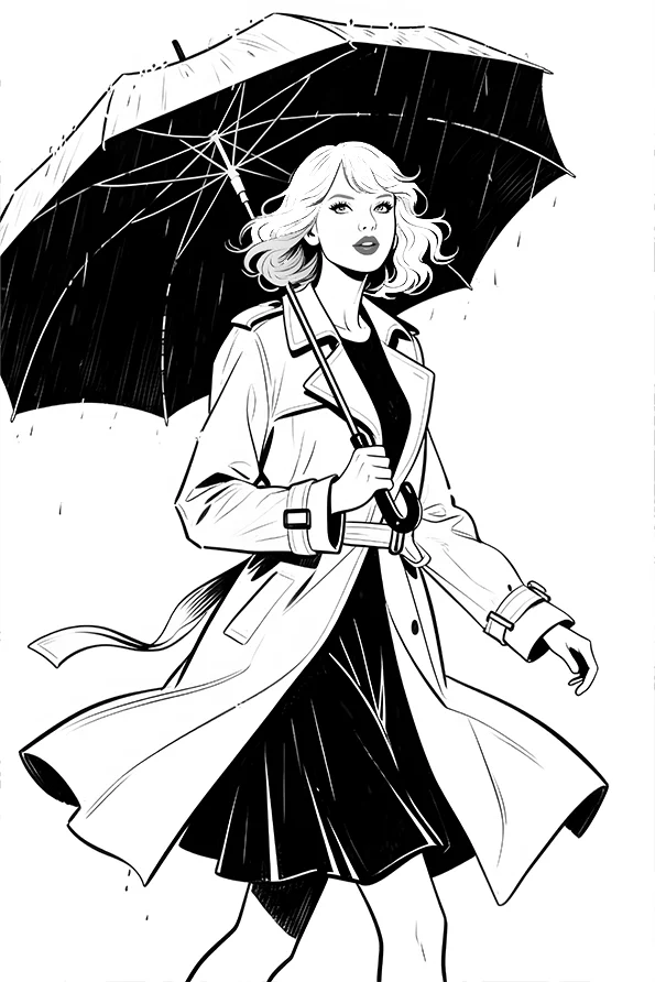 Girl in trench coat holding umbrella in rain, illustration style — free printable rainy season coloring book page