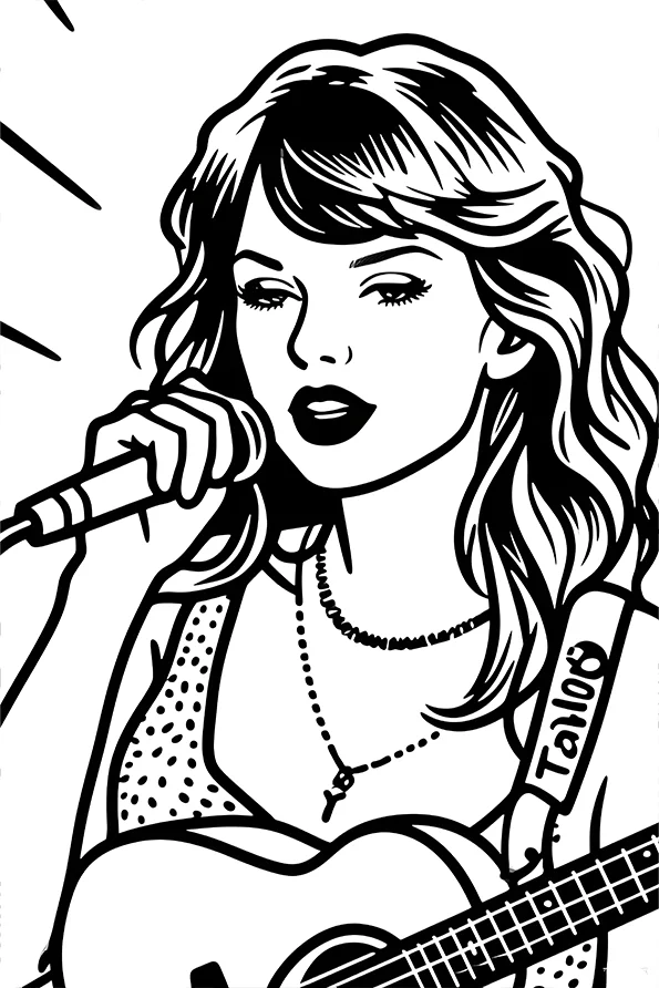 Female singer holding microphone and playing guitar, cartoon style — free printable stars coloring book page