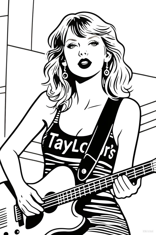 Taylor swift holding an acoustic guitar, cartoon illustration style — free printable stars coloring book page