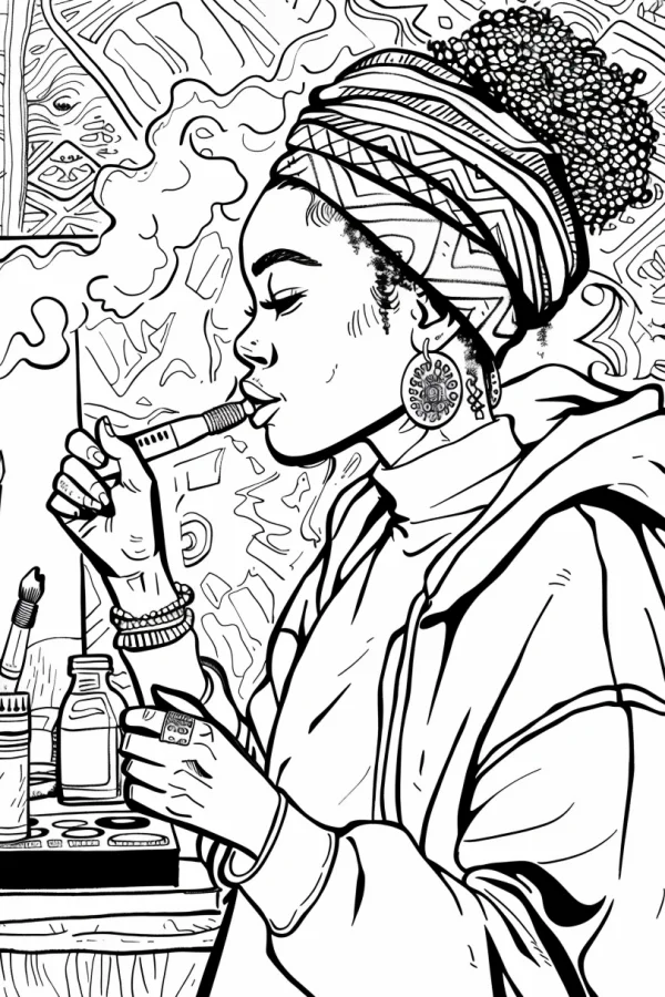 African-style woman applying makeup, with geometric pattern headwrap and carved earrings — free printable beauty coloring book page