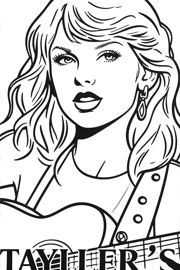 Line art of female singer holding a guitar, realistic sketch style — free printable career theme coloring book page