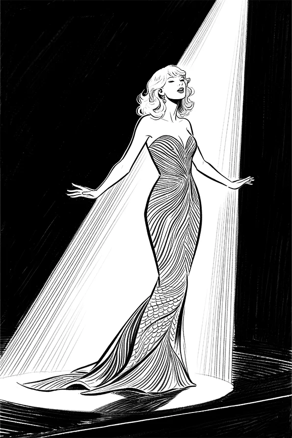 Elegant female singer in mermaid evening gown under spotlight, comic style — free printable stage performance coloring book page