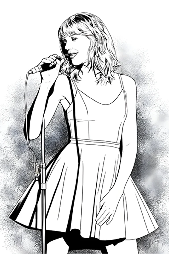 Female singer holding a microphone, illustration style — free printable career theme coloring book page