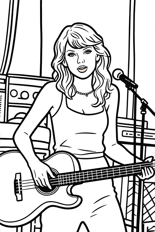 Female singer holding an acoustic guitar, cartoon style — free printable stage performance coloring book page