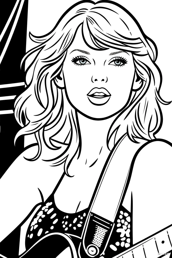 Cartoon blonde female star holding a guitar, cartoon art style — free printable stars coloring book page