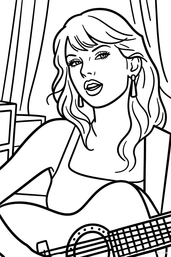 Coloring book page, female singer holding an acoustic guitar — free printable celebrities coloring book page