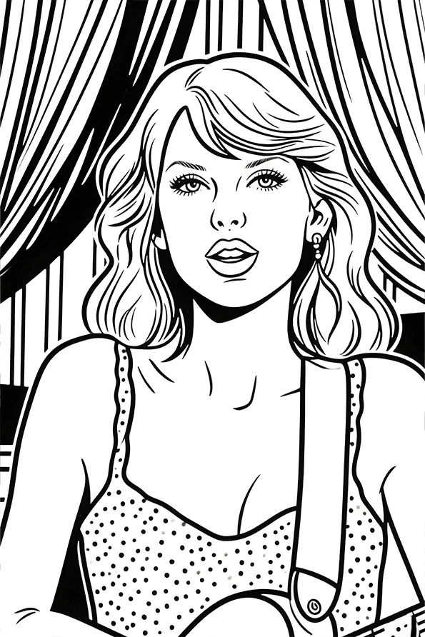 Coloring book page, curly-haired female celebrity portrait — free printable actor coloring book page