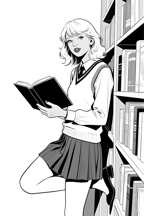 School girl holding an open book in library, realistic style — free printable campus life coloring book page