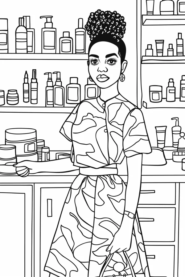 Curly-haired woman in a beauty store, realistic line art style — free printable beauty care coloring book page