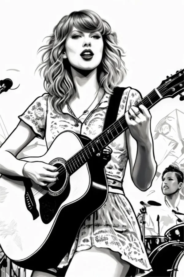 Female singer playing acoustic guitar, comic art style — free printable performance coloring book page
