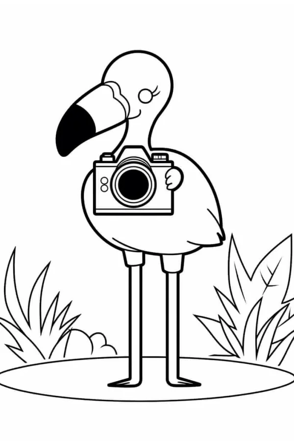 Cartoon flamingo holding a camera, cute cartoon style — free printable photography coloring book page