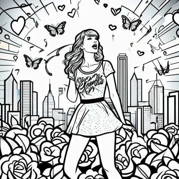 Curly-haired female (taylor swift style) surrounded by rose bushes, cartoon art style — free printable pop culture coloring book page