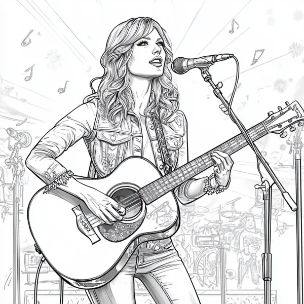 Female singer playing acoustic guitar on stage, realistic line art style — free printable stage performance coloring book page