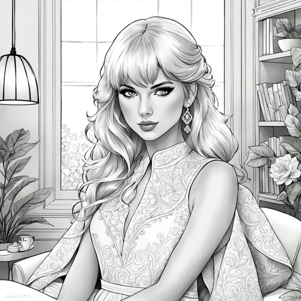 Stylish curly-haired woman, elegant sleeveless patterned dress — free printable indoor life coloring book page