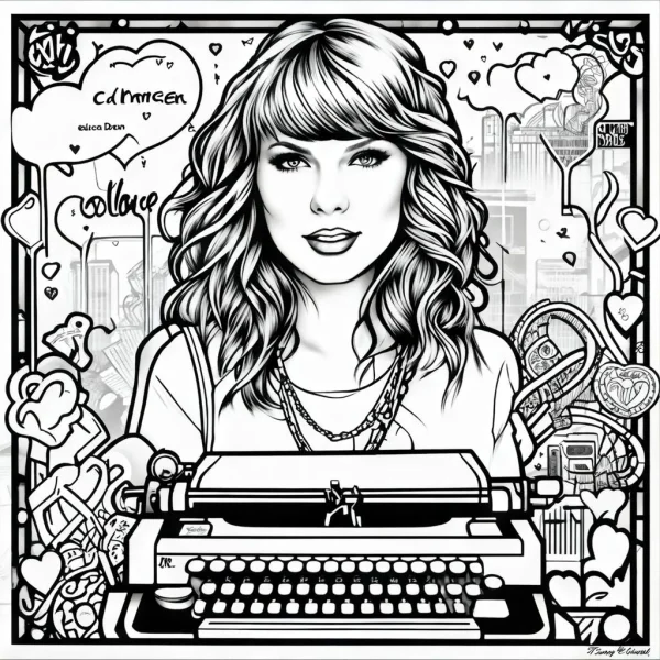 Curly-haired woman with vintage typewriter, cartoon retro doodle style — free printable writing coloring book page