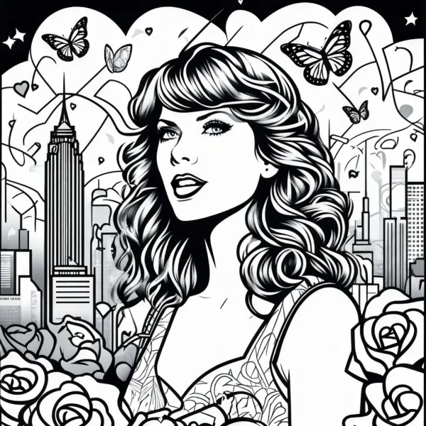 Curly-haired woman in comic style, set against a city skyline background — free printable butterfly coloring book page