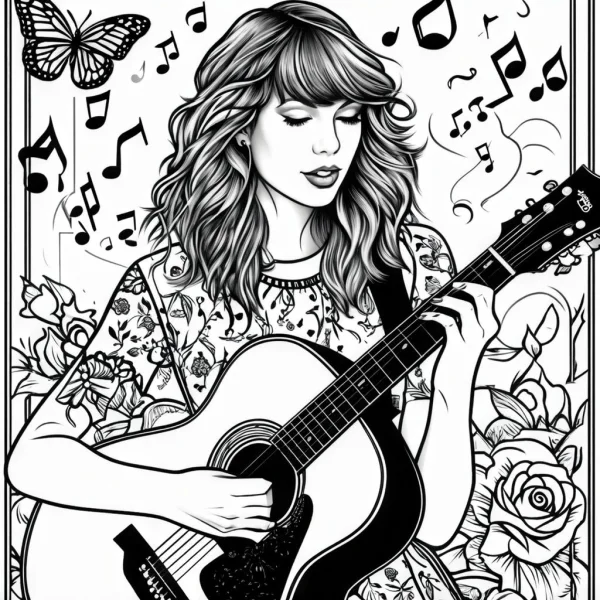 Woman holding acoustic guitar, illustration style — free printable butterfly coloring book page
