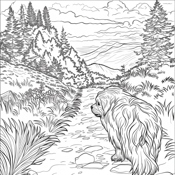 Fluffy long-haired dog on mountain trail, realistic illustration style — free printable hiking coloring book page
