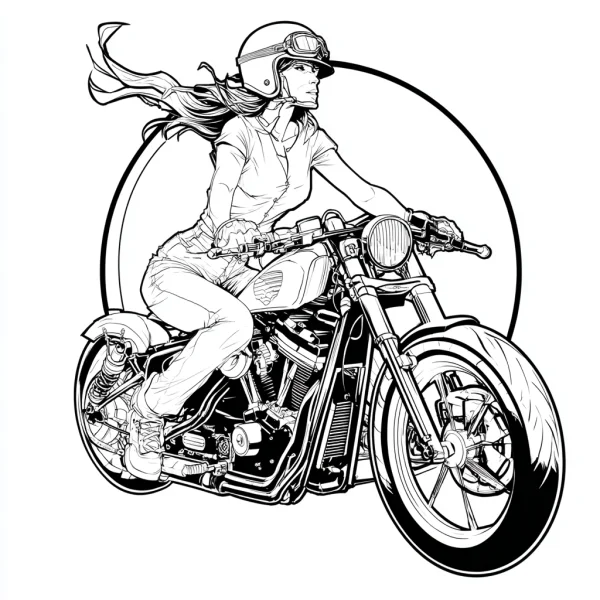 Woman riding a motorcycle, realistic style — free printable motorcycles coloring book page