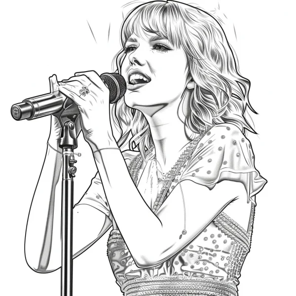 Female singer singing into a microphone, realistic illustration style — free printable musician coloring book page